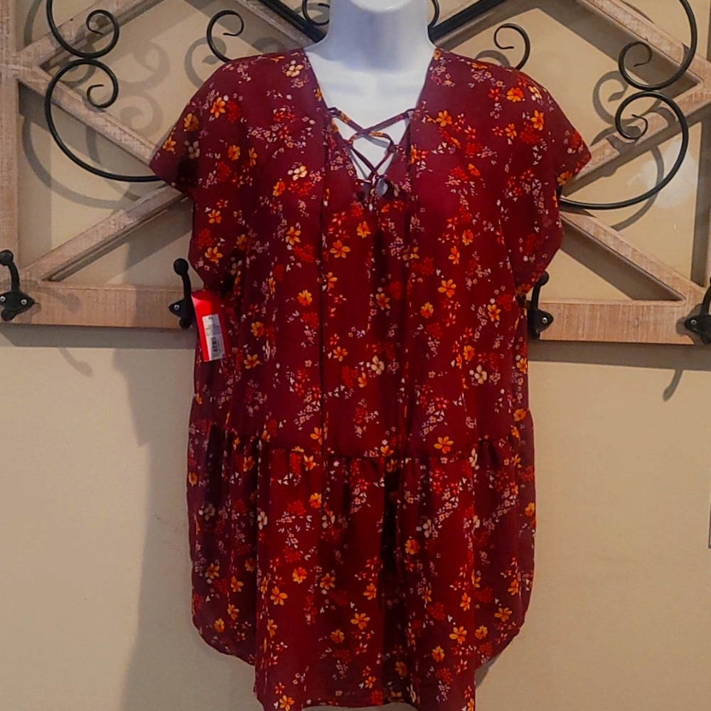Burgundy Floral Blouse W/Crisscross Tie Front. Size XL